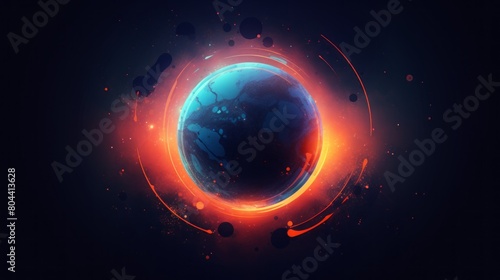 A digital painting of a planet with a blue and orange circle in the center