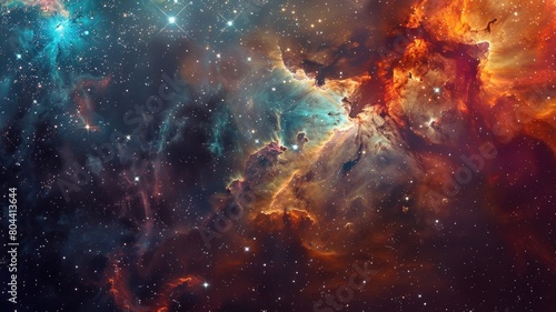 Vibrant cosmic clouds and star fields in deep space nebula photo