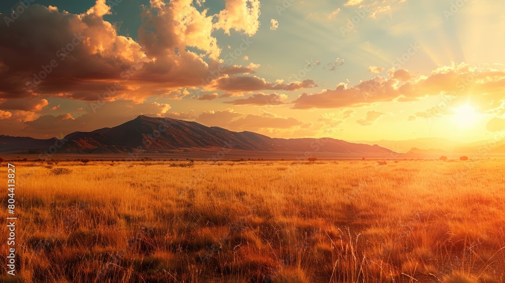 Obraz premium Sunset over vast grassland with mountain silhouettes and vibrant sky