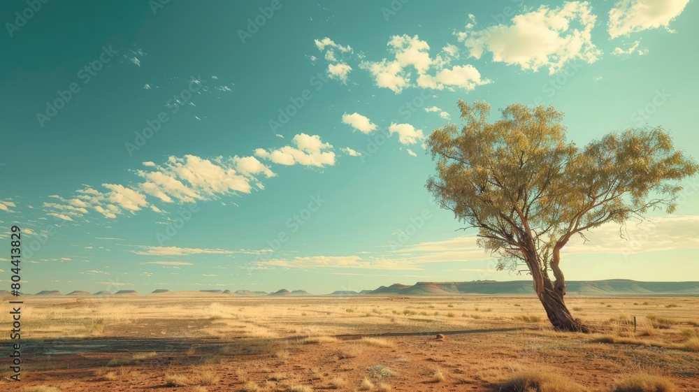 Fototapeta premium Lonely tree in vast desert under blue sky with fluffy clouds