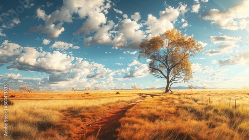 Lone tree in vast golden field under cloudy blue sky