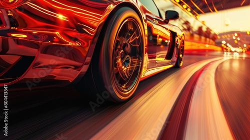 Red sports car speeding on road at sunset with motion blur