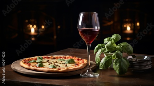 A glass of red wine and a pizza on a table with basil leaves and a glass of red wine.