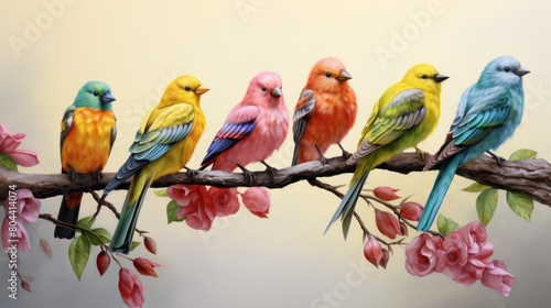 A group of colorful birds on a branch