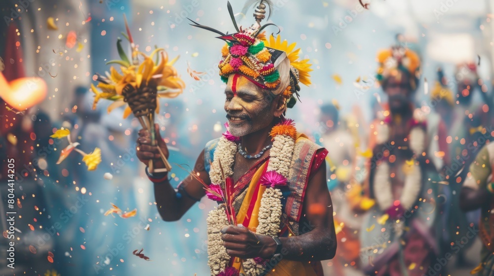 A man dressed in a vibrant, multicolored costume holding a bouquet of colorful flowers. A man dressed in a vibrant, multicolored costume holding a bouquet of colorful flowers.