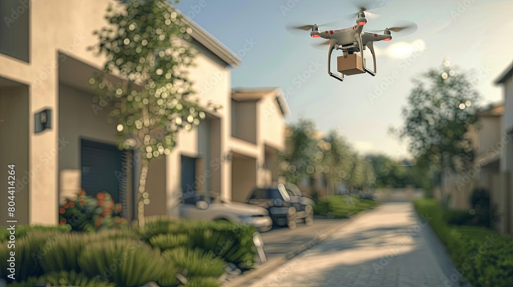 Drone delivering packages in a suburban area, eyelevel, efficient modern service, clear skies Drone delivering packages in a suburban area, eyelevel, efficient modern service, clear skies