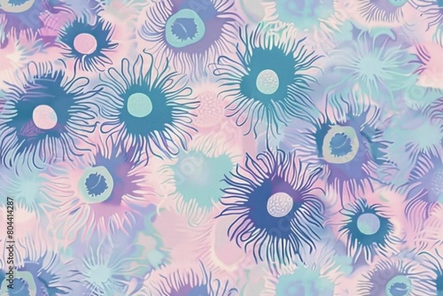 Abstract Floral Pattern in Shades of Blue and Purple on Pink and Blue Background with Central Pink and Blue Flower