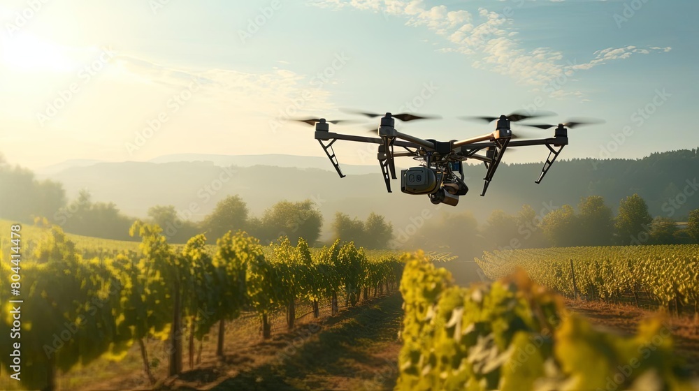 Drone hovering over vineyard, pest control application, precise spraying, sunny day, closeup Drone hovering over vineyard, pest control application, precise spraying, sunny day, closeup