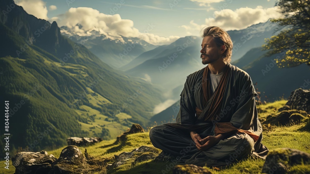 A lone warrior sits atop a mountain, meditating on the beauty of nature. He is at peace with himself and the world around him.