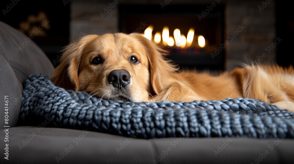 Golden retriever portrait against the backdrop of a messy home Golden retriever portrait against the backdrop of a messy home