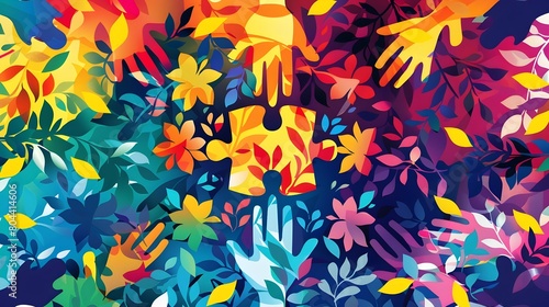 Autism Awareness Day Celebrated Through Abstract Art A Unifying Puzzle of Colorful Flowers Leaves and Hands Generative ai