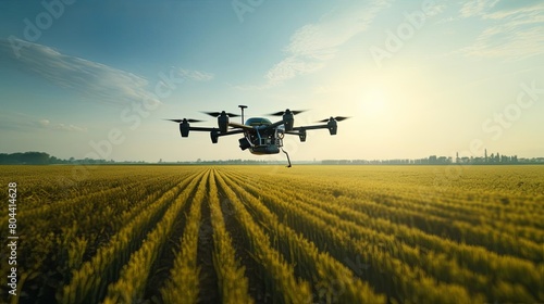 Drone seeding new field, efficient sowing technology, clear skies, dynamic wide shot