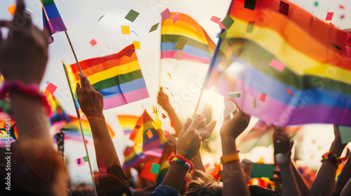 People waving LGBTQ coloful rainbow flags with colorful confettis in the air, celebrating love and diversity, showing the joyful atmosphere of LGBTQ community activities photo