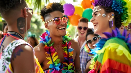 Vibrant Tropical Summer Rainbow Party Celebrates LGBTQ Freedom and Happiness with People in Colorful Costumes and Joyful Conversations