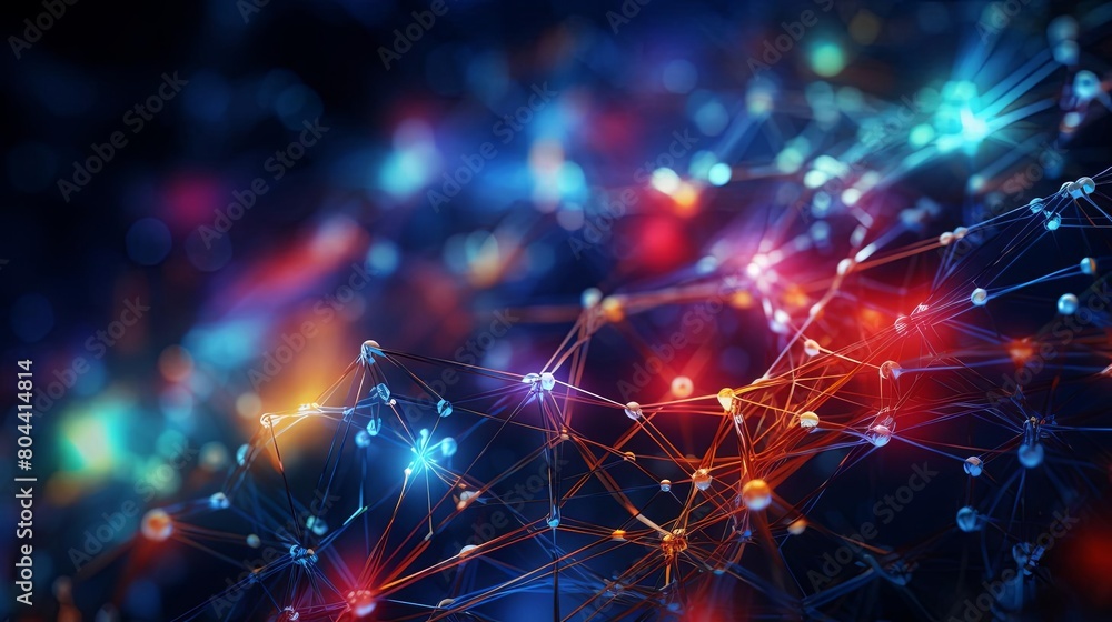 Dynamic AI and internet network visualization, abstract plexus, macro shot, vibrant details