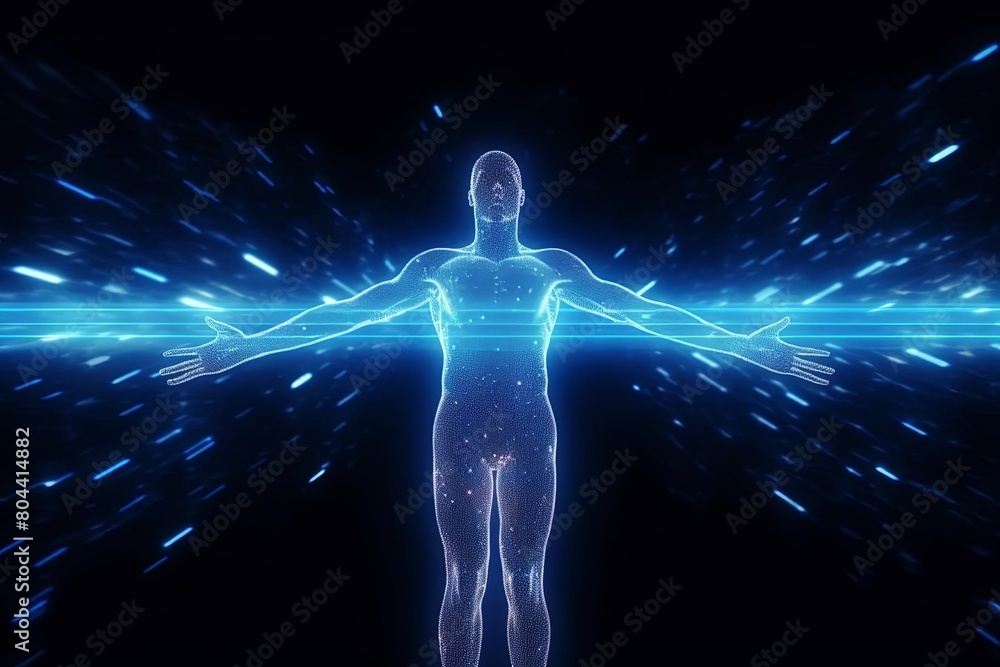 Dynamic holographic human mesh line on HUD, blue neon color, overhead view, soft light