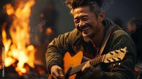 A man with long gray hair and a beard is playing an acoustic guitar and singing by a campfire.