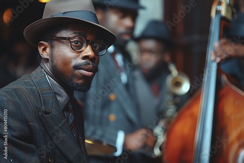 A vibrant jazz band under soft, dusky light, drummer in focus, shallow depth of field, film photo style, photo