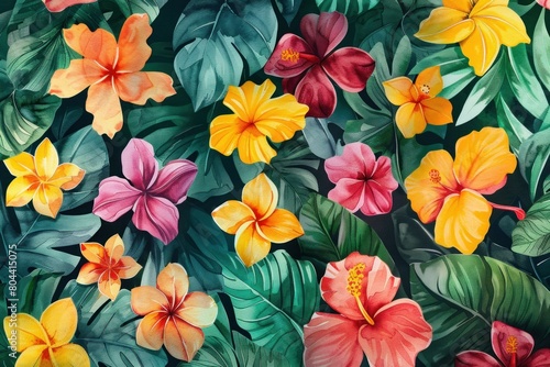 Vibrant watercolor hibiscus flowers and leaves on green background, botanical illustration for design purposes © VICHIZH