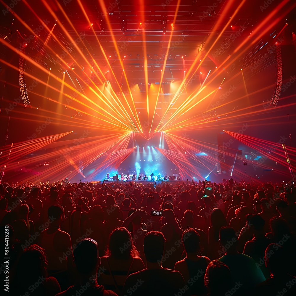 Cheering crowd at an EDM festival, laser lights show, fish-eye lens effect