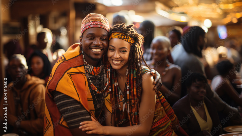 African Couple Celebrating with Traditional Attire in a Festive Crowd