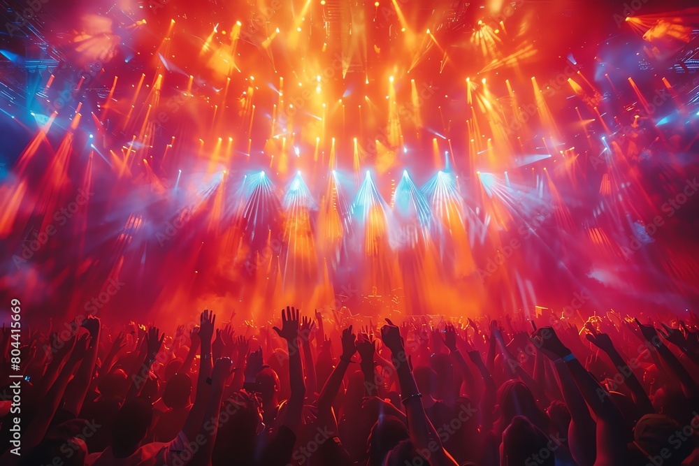 Crowd cheering at a concert, wide angle, vibrant colors, dynamic motion blur, action shot
