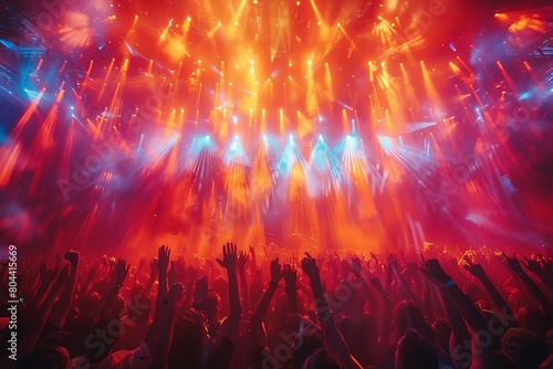 Crowd cheering at a concert, wide angle, vibrant colors, dynamic motion blur, action shot