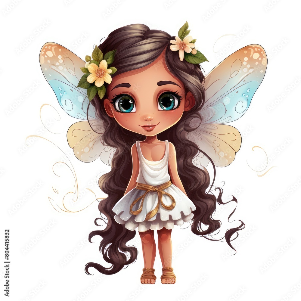 Cute charming fairy in a white dress and with flowers in her hair