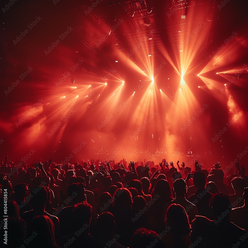 Dynamic shot of a cheering crowd at a DJ set, laser lights in fog, high energy