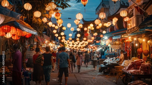 A group of individuals walking down a city street illuminated by numerous bright lights, creating a vibrant and bustling scene.