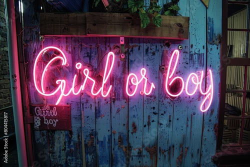 The inscription "Girl or boy" on a pink and blue neon background.