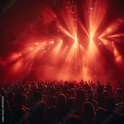 Dynamic shot of a cheering crowd at a DJ set, laser lights in fog, high energy