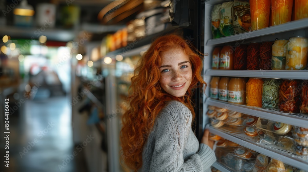 Happy Red-Haired Woman Embracing Refrigerator Full of Healthy Food in Modern Kitchen