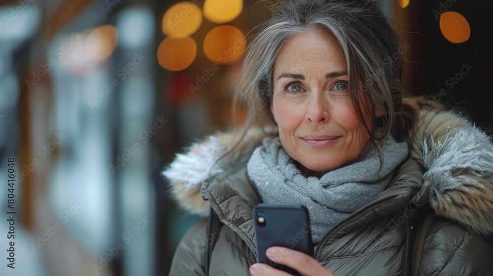 Elegant Mature Woman Using Smartphone in Winter Urban Setting Elegant Mature Woman Using Smartphone in Winter Urban Setting