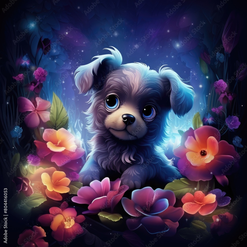 Cute Dog Surrounded by Colorful Flowers