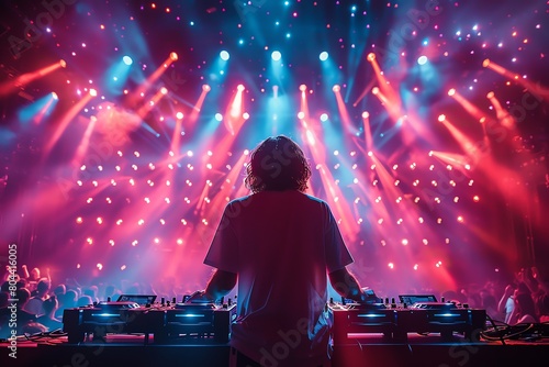 Electronic DJ on festival stage, vibrant neon lights, fish-eye lens view, crowd in background