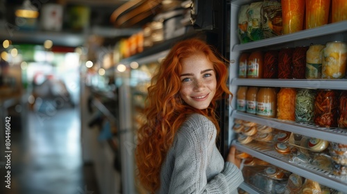 Wallpaper Mural Happy Red-Haired Woman Embracing Refrigerator Full of Healthy Food in Modern Kitchen Torontodigital.ca