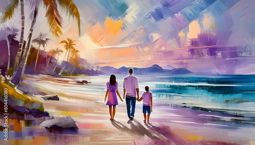 Abstract family with two kids walking on tropical sand beach at summer vacation  Happy family on digital art concept.