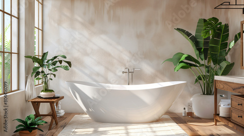 Interior of bathroom with bathtub and houseplant 