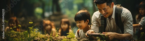 A father and son explore the wonders of nature together. They kneel down to examine a small plant, and the boy's eyes widen with excitement as he learns about the natural world. photo