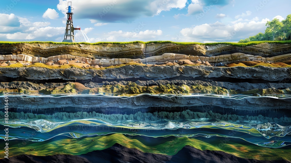 Artistic depiction of groundwater extraction with a well pump