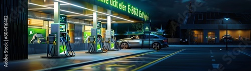 Artistic depiction of a vehicle refueling with synthetic diesel at a futuristic service station
