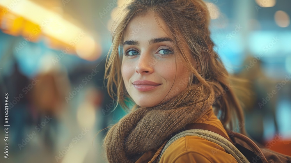 Stylish woman with a chic carry-on bag waiting in line at the airport, ready for her next destination with confidence and flair.