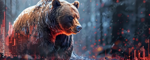 A large, brown bear stands in the middle of a forest. The bear is looking to the right of the frame and is surrounded by red candles, symbolized bearish trend photo