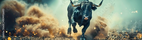 A strong and brave bull is running in the middle of a bullring. The bull is snorting and its horns are sharp. The bull is ready to fight. photo