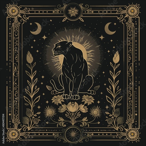 A tarot card featuring an illustration of a panther in the style of dark fantasy and celestialpunk with a symmetrical design and tarot and moon motifs in a vector art style on a black background with  photo