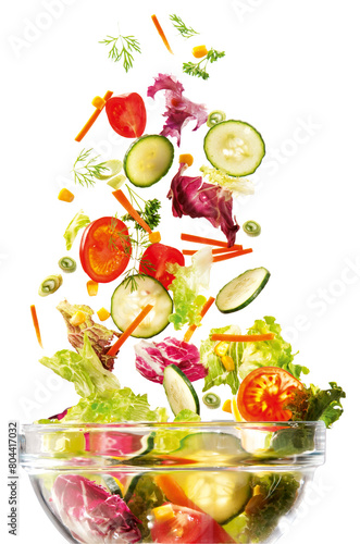 Salat fallend in Schüssel, Gemischter Salat, Salatbar, Salattheke