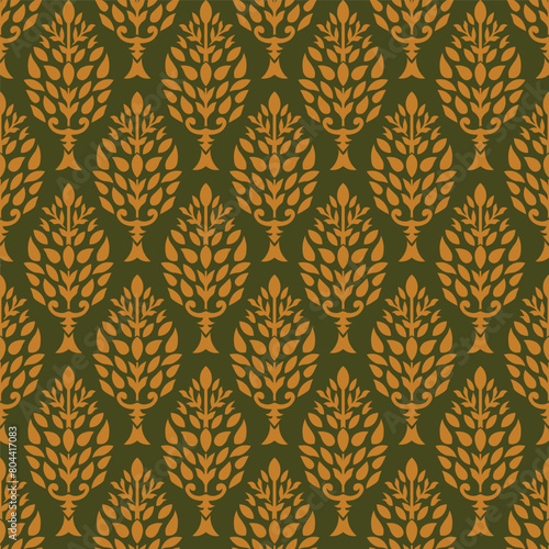 Indian Traditional floral ajrakh kalamkari leaf block print booti design motif for shirt kurti saree stole scarf dupatta blouse vector gold white paste mehndi green background texture