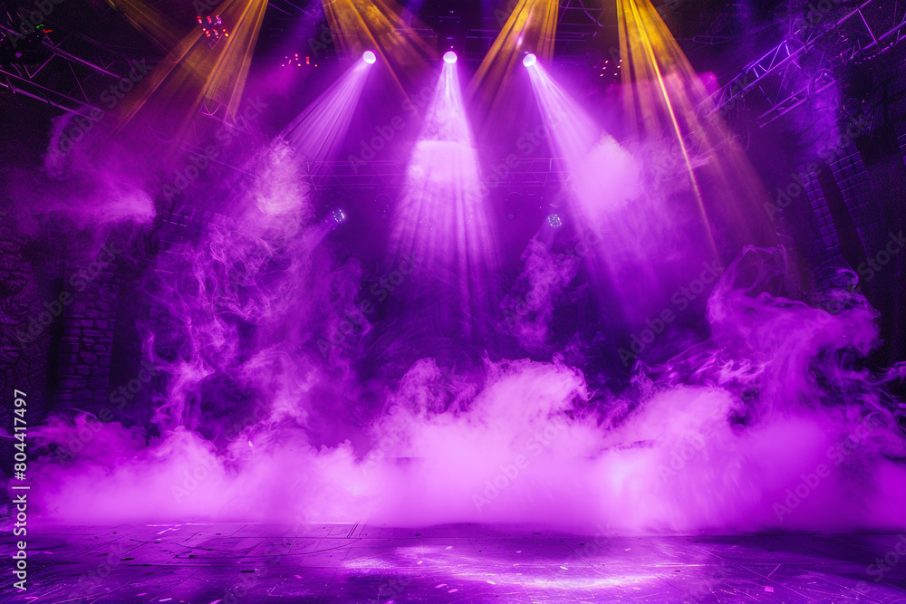 A stage covered in bright violet smoke under a golden spotlight, providing a magical, enchanting atmosphere.