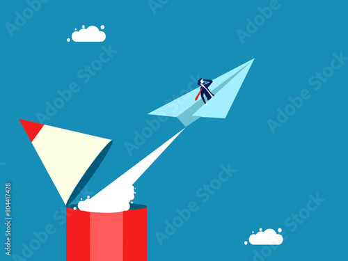 Leader develops. Businessman flies in paper airplane out of pencil